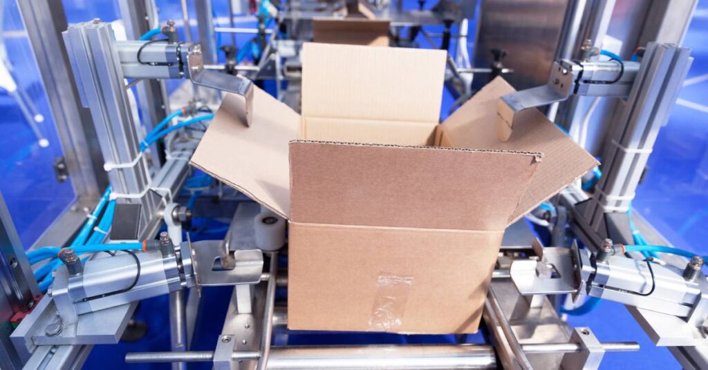 An automatic packaging machine closing a cardboard box with materials inside in a warehouse setting.