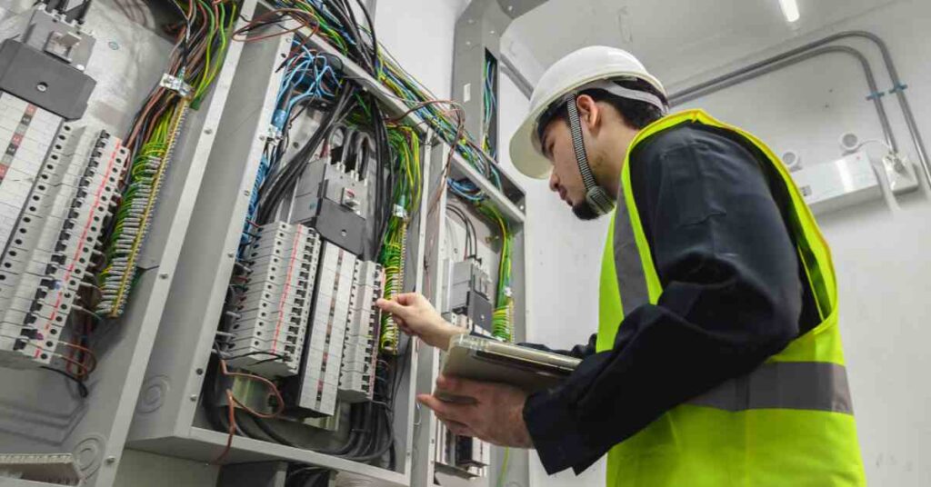 An electrical engineer is installing and using a tablet to monitor the operation of an electrical control panel.