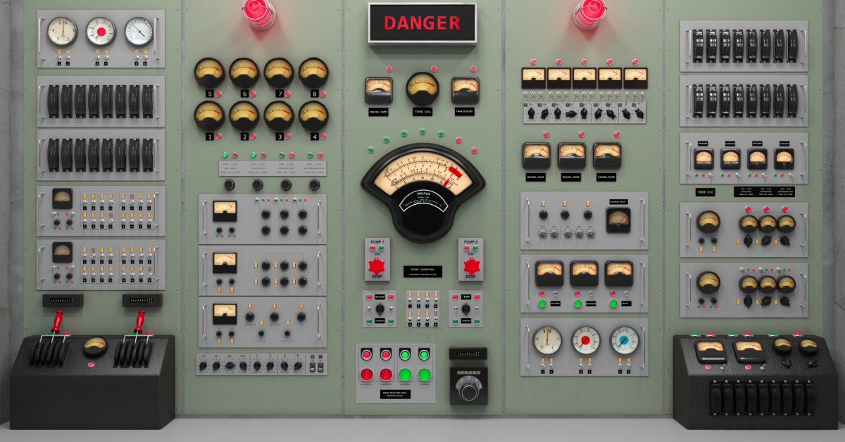 Vintage control room background with a 3D illustration, showcasing an array of control panels, gauges, and switches.