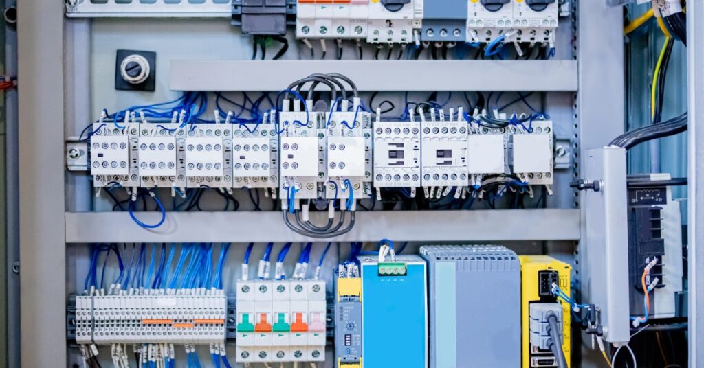 An electrical control panel with a metal shield distributes energy to a CNC machine and features multiple controllers.